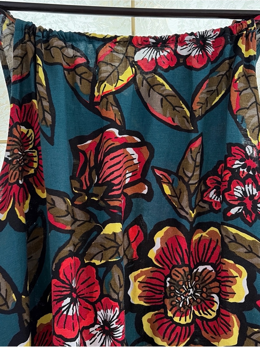 LOFT Teal Floral Maxi Dress with Red, Yellow & Brown Accents